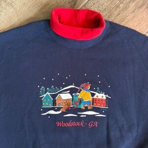 Brindar Design Vintage Woodstock GA Winter Village Mock‎ Sweatshirt, Navy Red,L